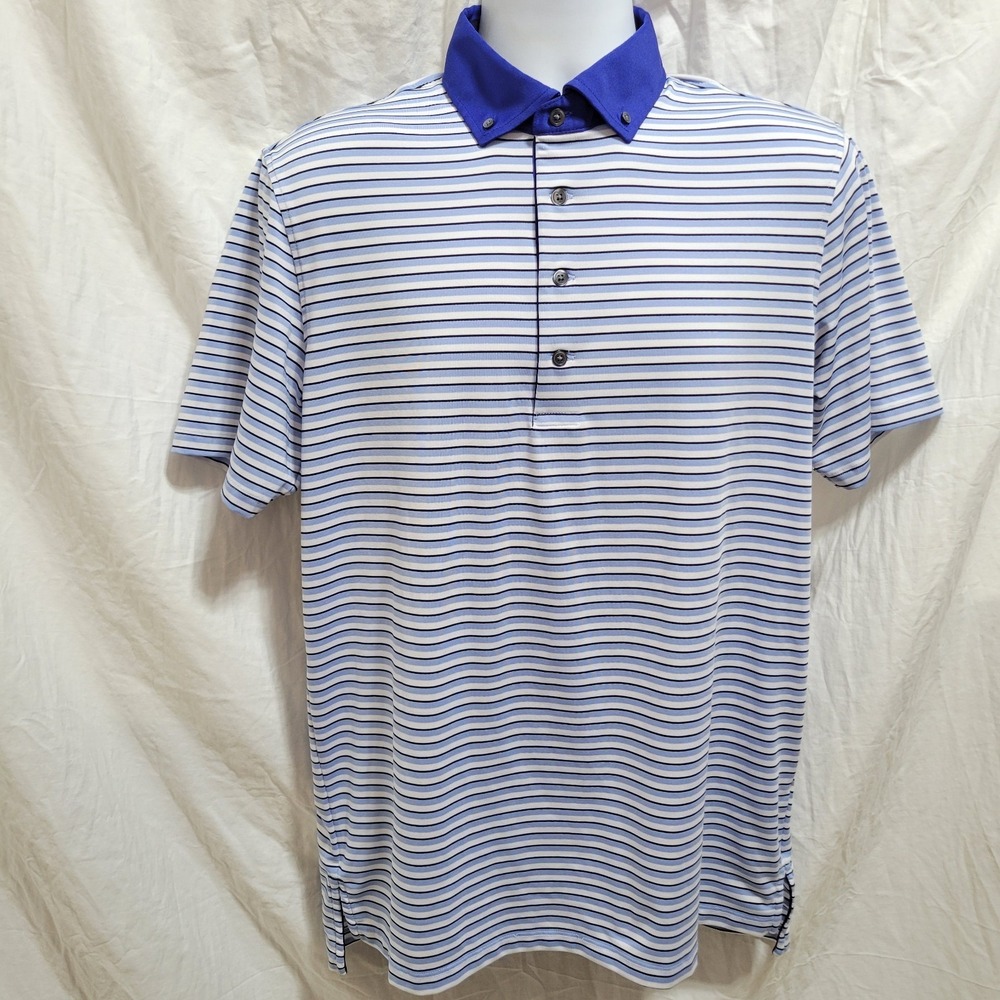 Greyson Polo Shirt Mens Medium Blue White Striped Golf Performance Button Down - Picture 2 of 7